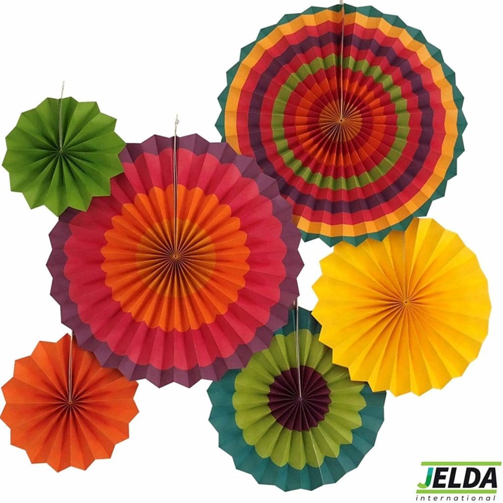 DIY fiesta mexican paper fans in vibrant colors.  decorating ideas for fiestas, parties and mexican themed events