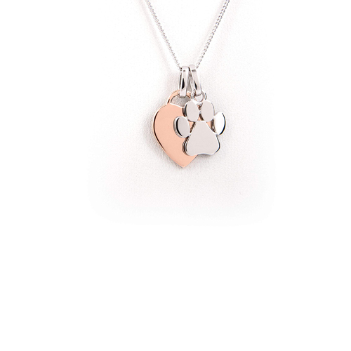 silver and rose gold heart and paw dog necklace