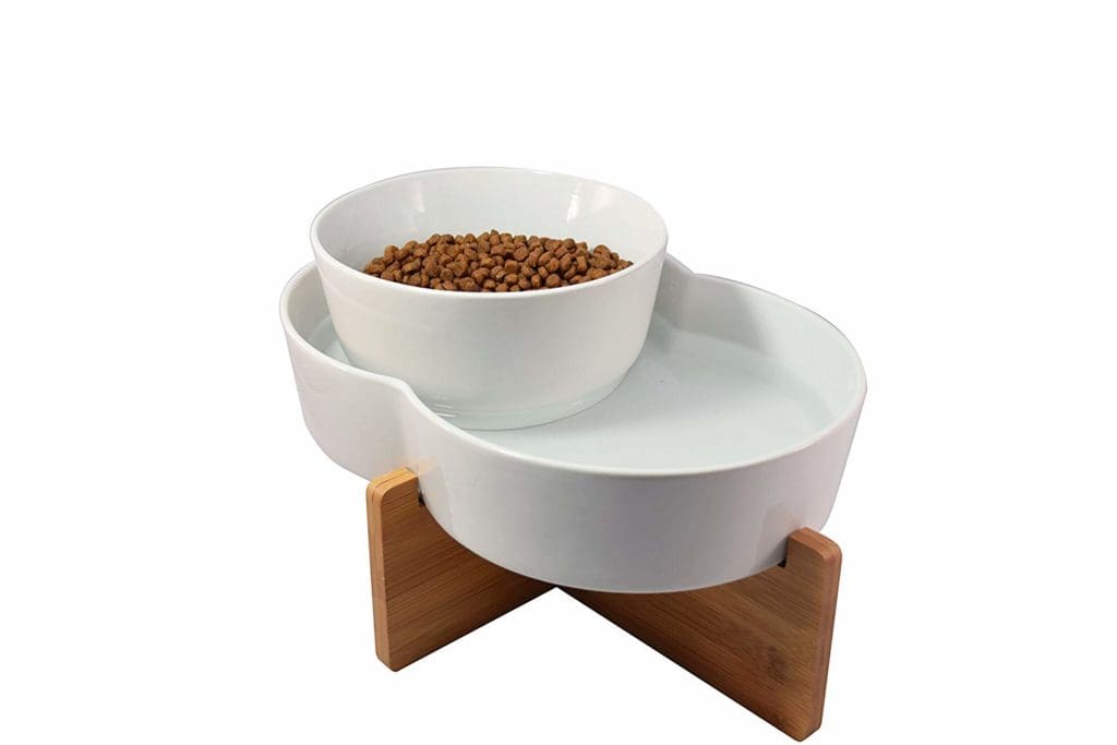 trendy wood and white dog bowl and water set