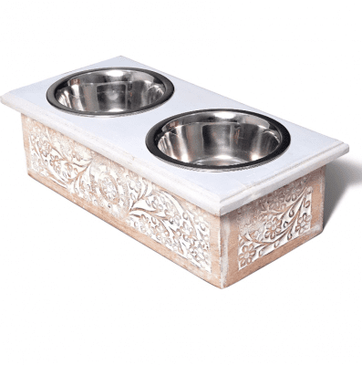 white washed wood dog bowl
