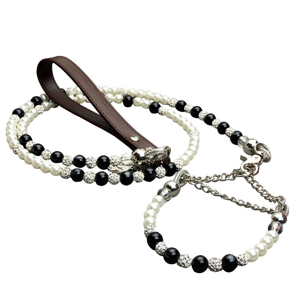 Black and White Pearl and Leather Dog Leash