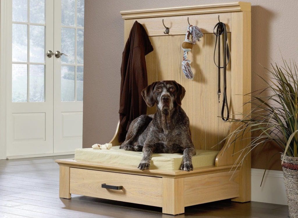 Unique wooden Entry Hallway Mudroom Dog Bed Furniture, storage drawer, leash, coat and tote hooks