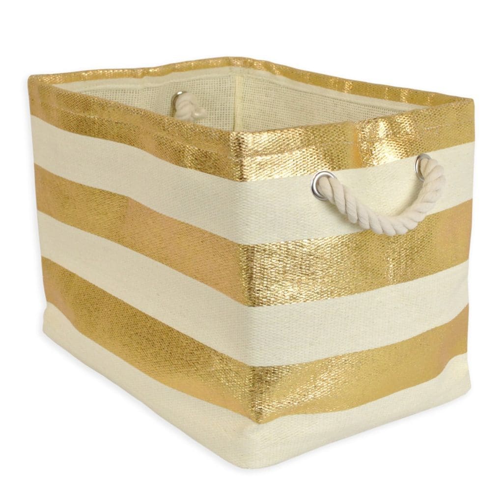 gold and white canvas storage bin