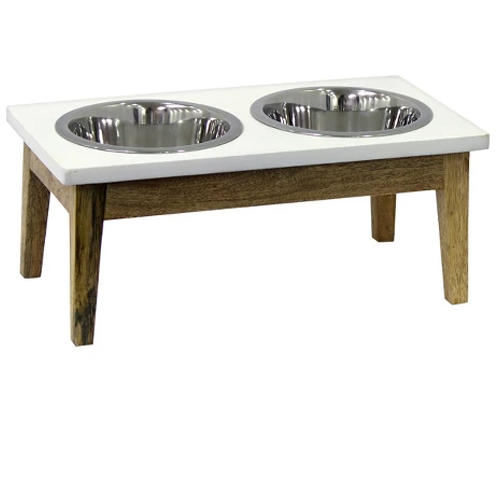 White and Stained Wood Decorative Dog Bowl Set