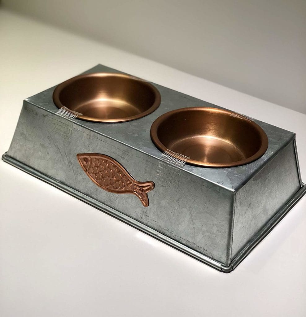 stainless and copper cat bowl set