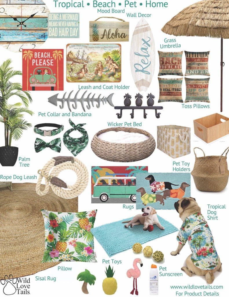 Tropical beach surf water pet and people home decor mood board decorating ideas storage beach house margaritaville