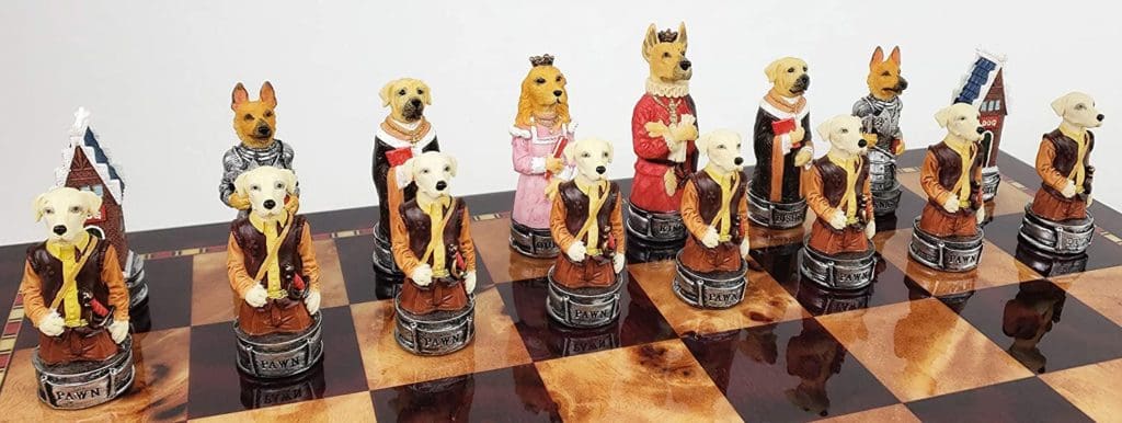 chess pieces, dogs, king, queen, rook, dog house, chess board, game, play, family night, dog lover, cat lover, ties, vintage, game, play