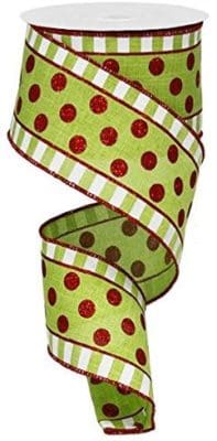 wire edge ribbon lime green red dot white stripe ribbon tree christmas holiday