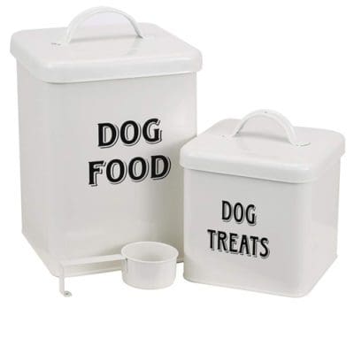 dog food dog treat mental canisters with scoop white black