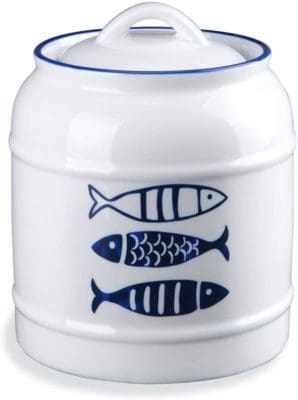 cat food storage jar japanese ceramic fish navy white 