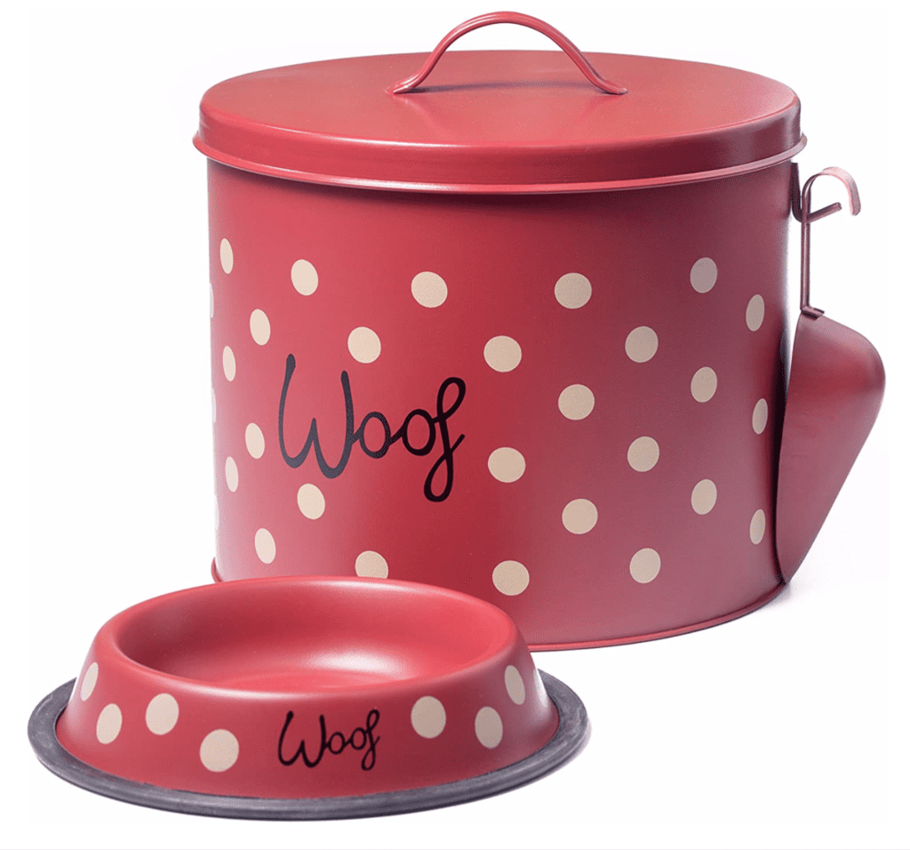 woof dog bowl red white polka dot
