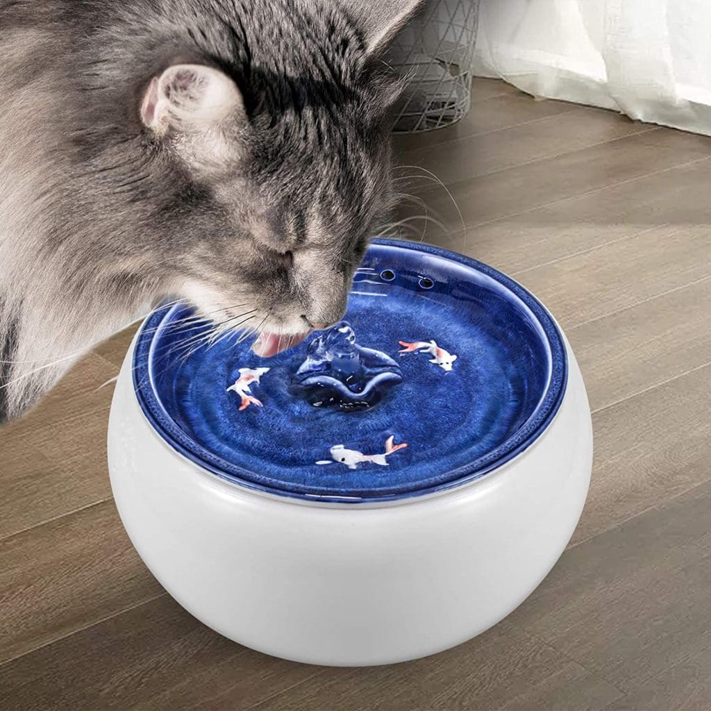 cat drinking water fountain bowl automatic fish blue white moving natural spring 