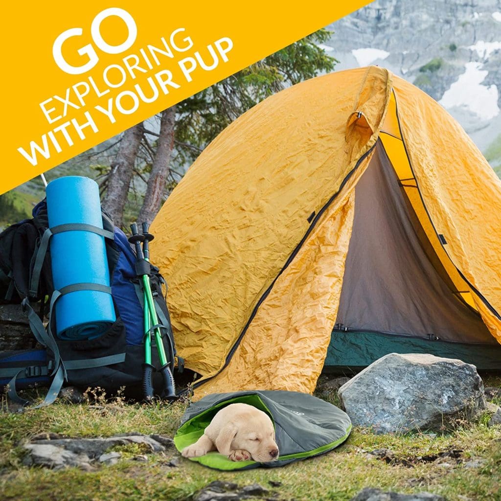 When grabbing your camping gear, make sure to pack the right stuff for the pup.  Start with the right bedding from dog sleeping bag to elevated portable pet beds.