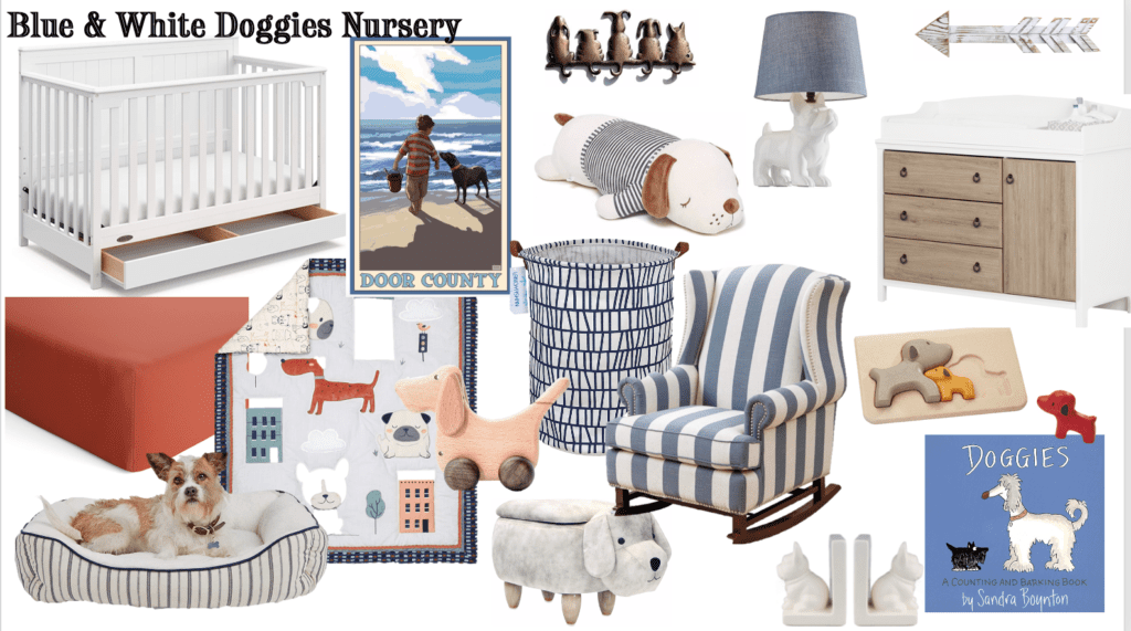 nursery mood board dog cat pet animal baby room toys furniture crib blue white natural 