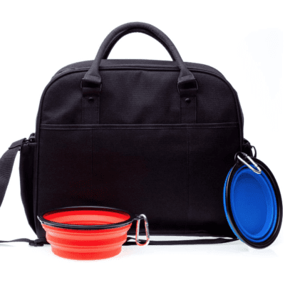 black pet travel tote with portable water bowls