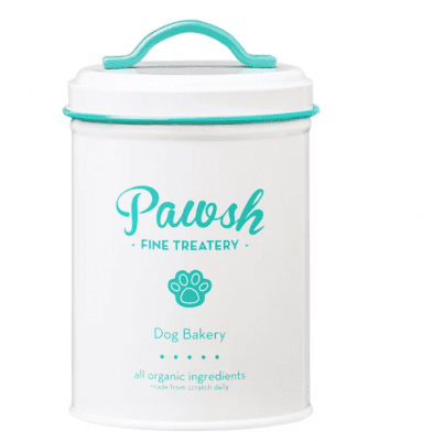 paws dog treat holder bin metal turquoise white gift 