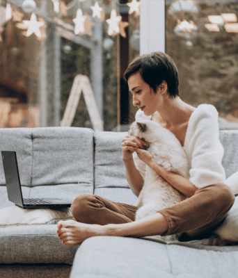 lady on modern grey sofa with dog laptop porch outdoors stars