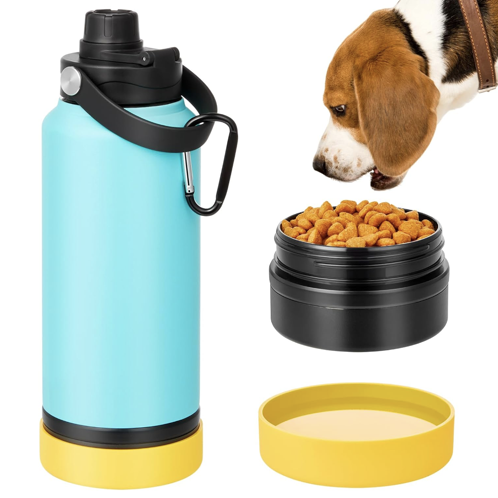 insulated Travel bottle and bowl that holds water and food for your pet