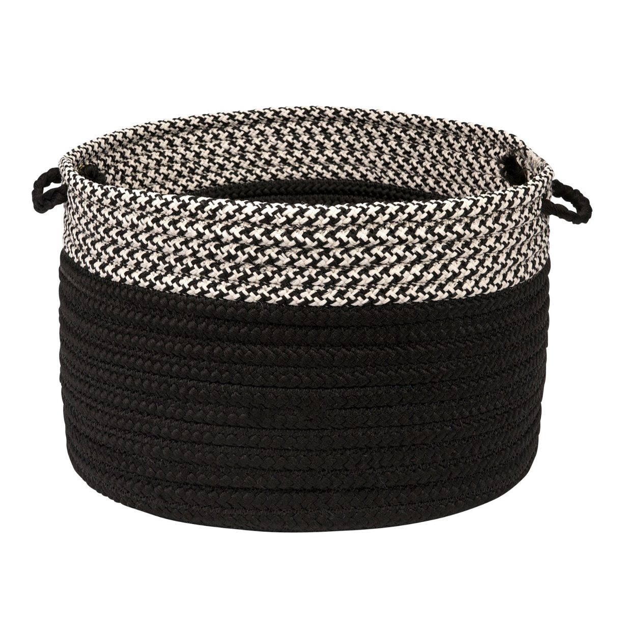 black and white woven basket with handles