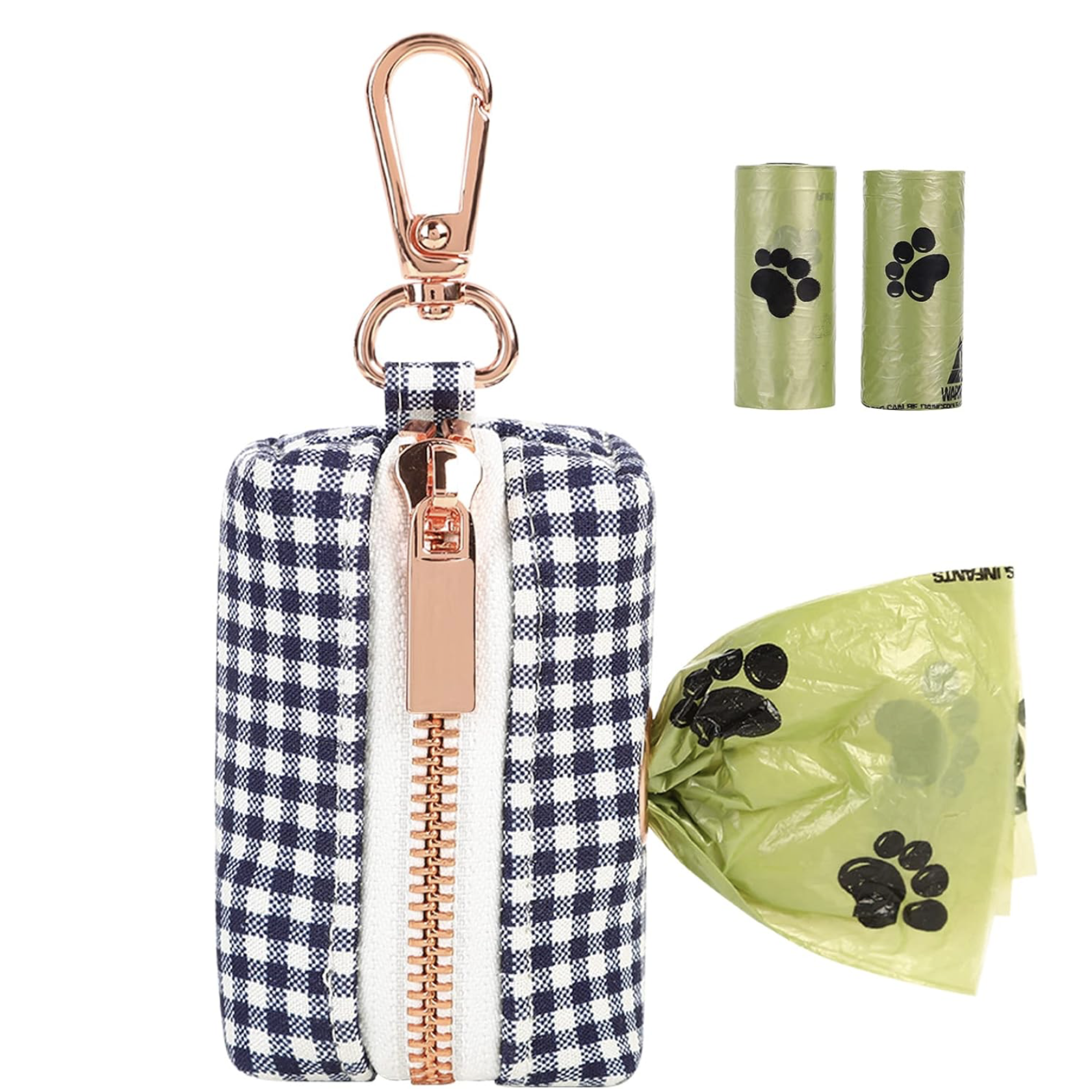black and white checkered with rose gold metal zipper dog poop bag holder with leash hook attachment