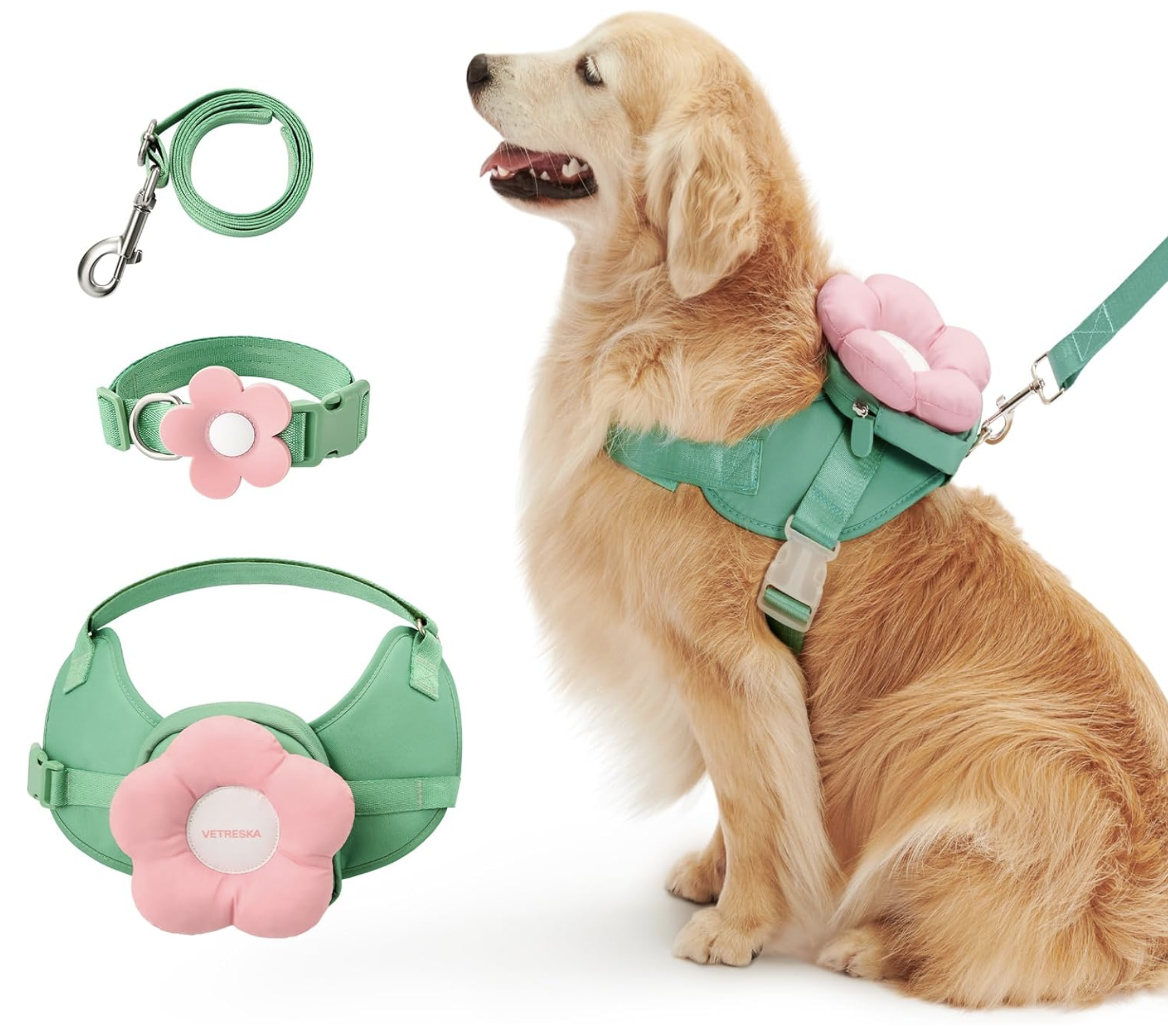flower backpack harness for large dog with poop bag holder pouch and leash 