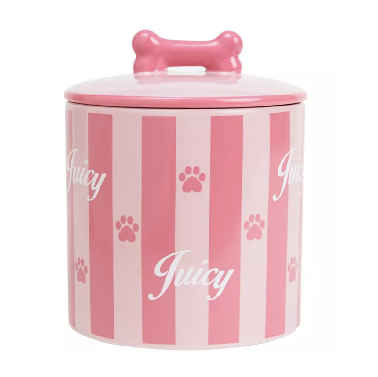 pink striped ceramic jar that says juicy with dog bone lid
