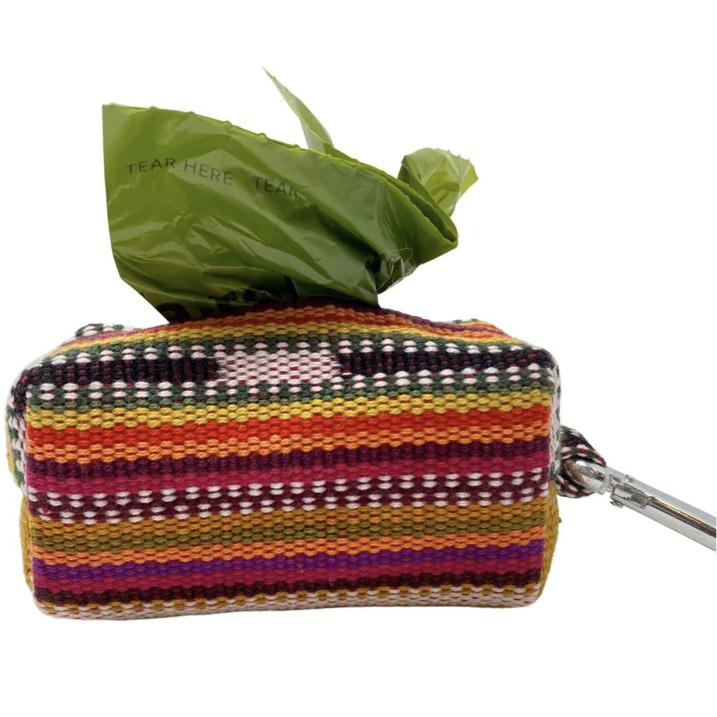 woven colorful stripe poo bag holder with poop bag dispenser hole and keychain attachment