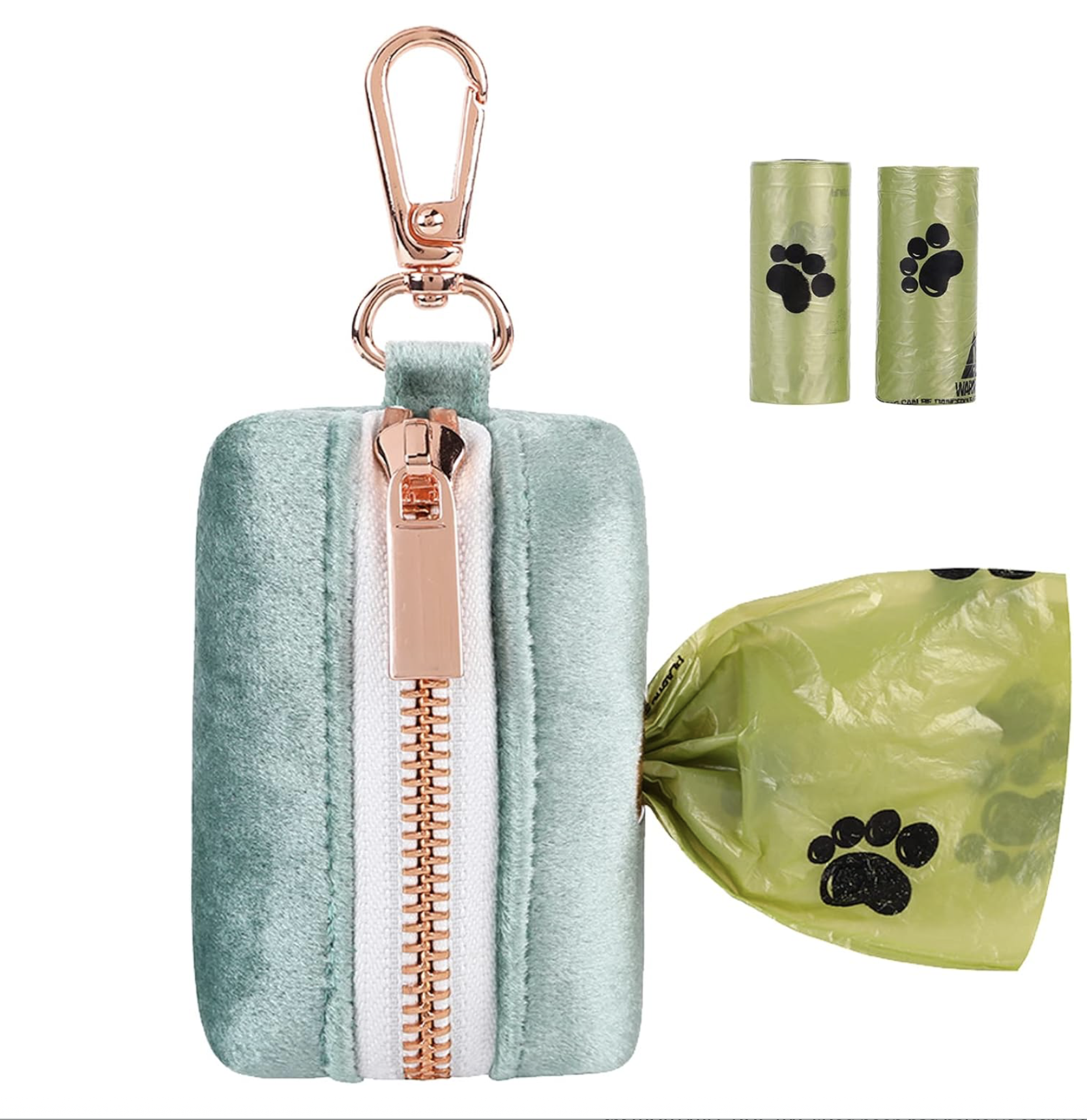 sage green dog bone poop bag pouch with keychain hook