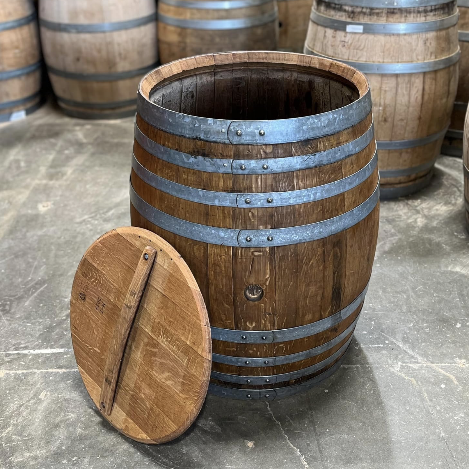XL wooden wine barrel to store pet food