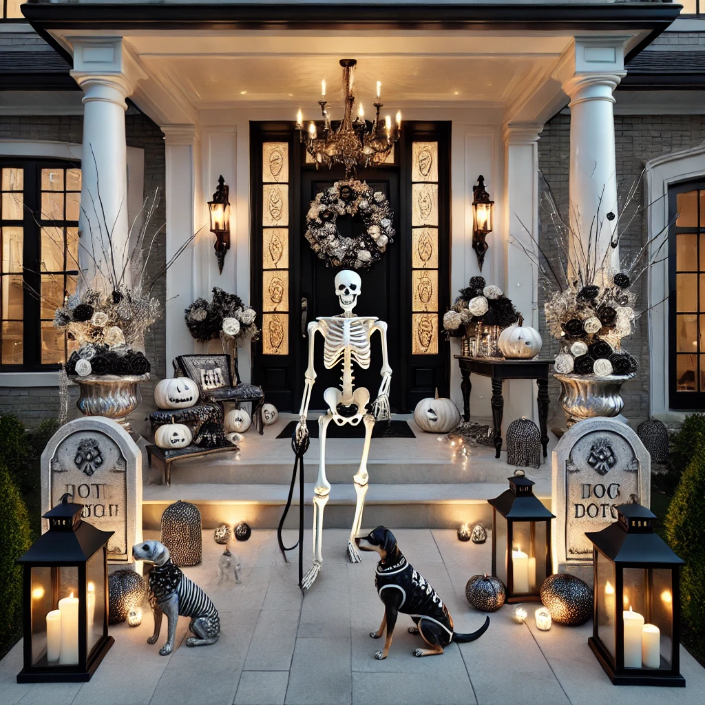 Halloween Porch Decor skeleton dog walker dog in skeleton costume porch decor black and white 