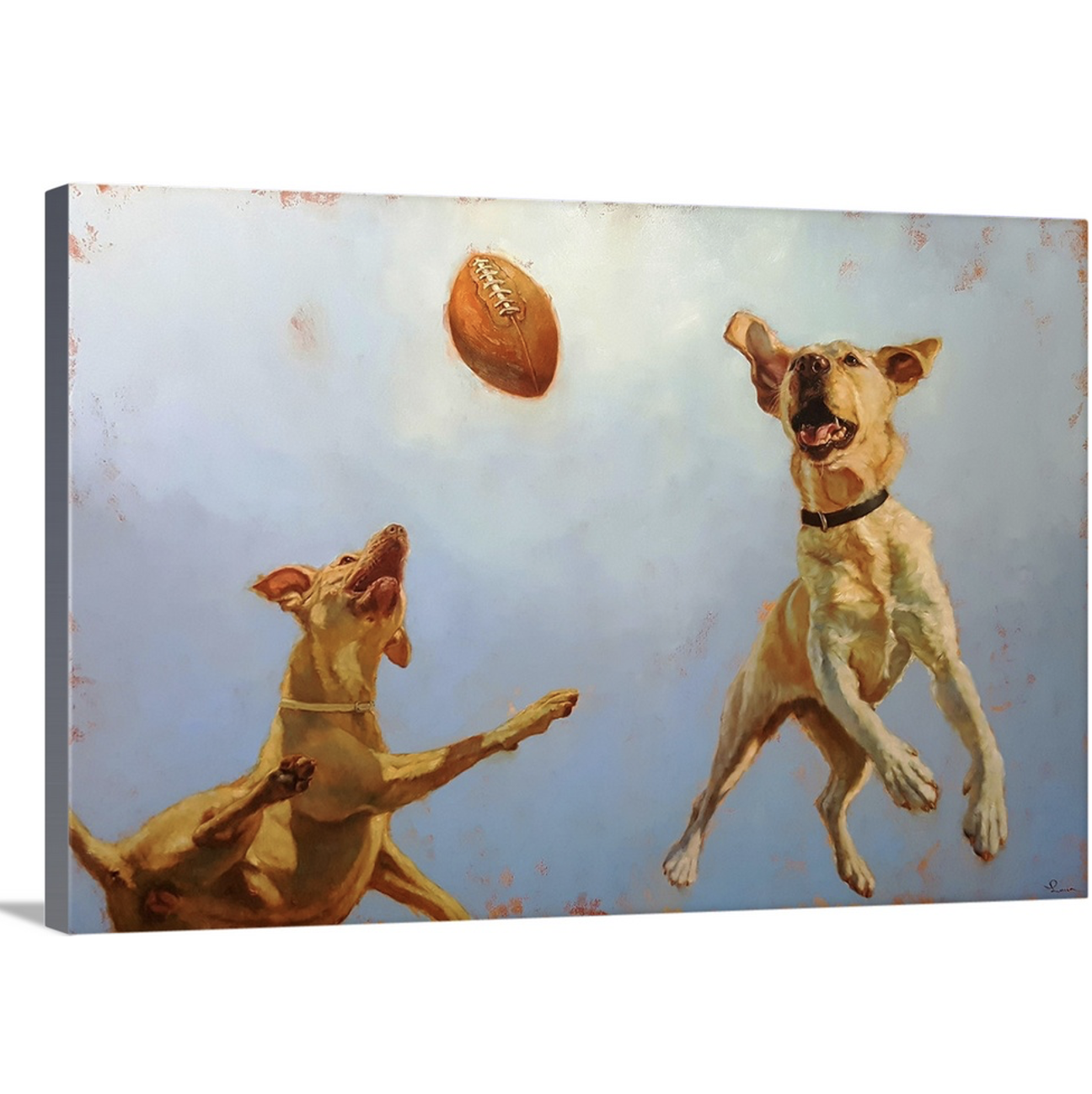 dogs playing ball on canvas art