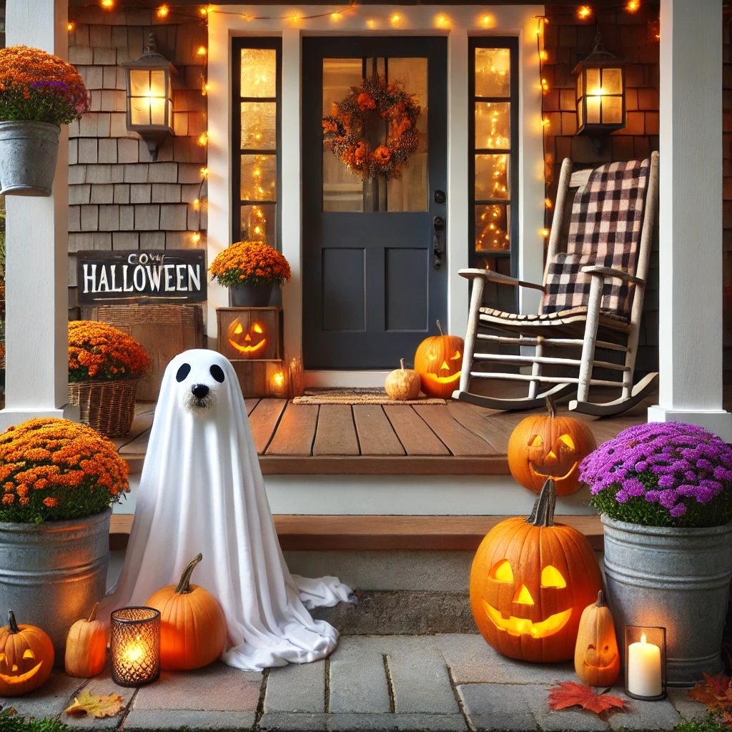 Halloween Front Porch Decor ghost dog porch decor jack o lanterns halloween sign wreath mums