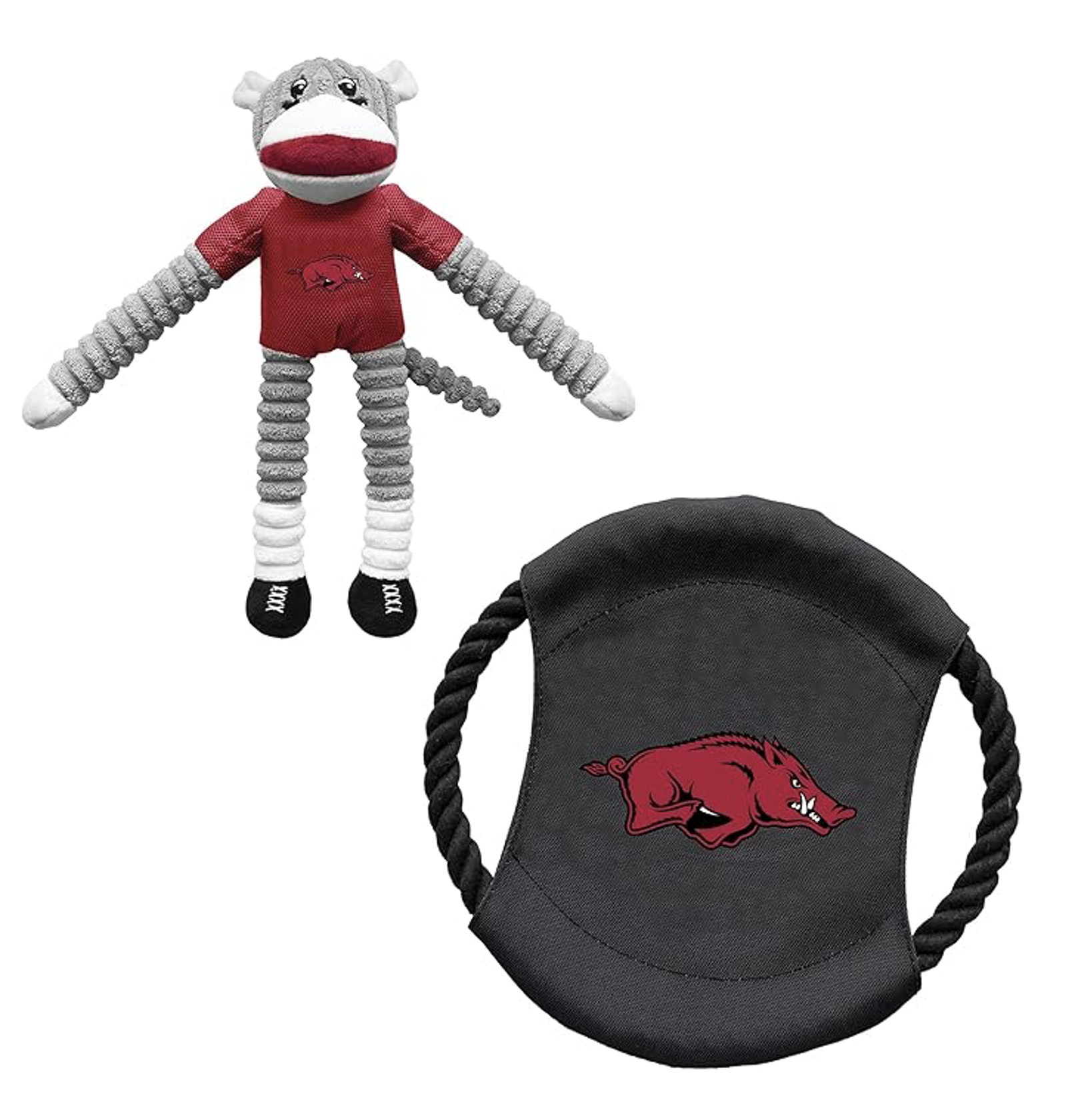 arkansas razorback toy monkey  and dog frisbee disc 