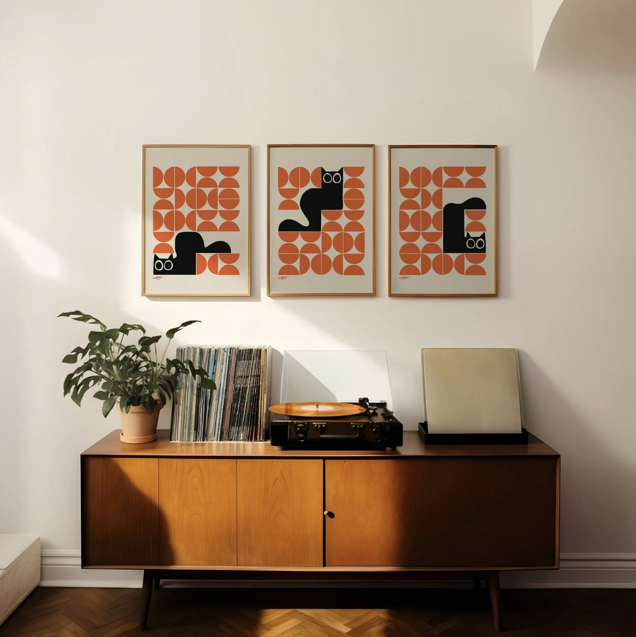 orange black cat mid century modern 