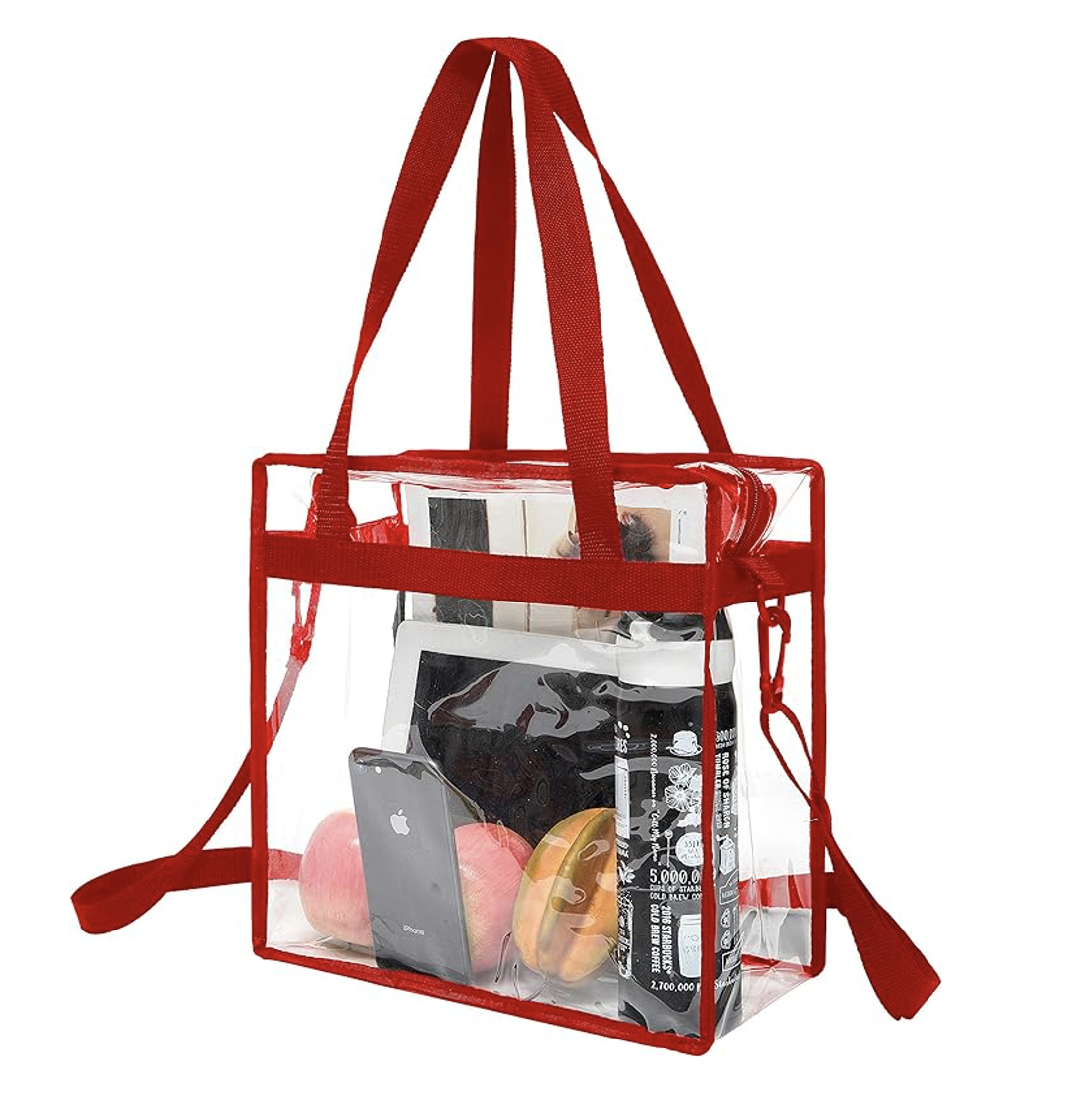 clear tote bag with red straps