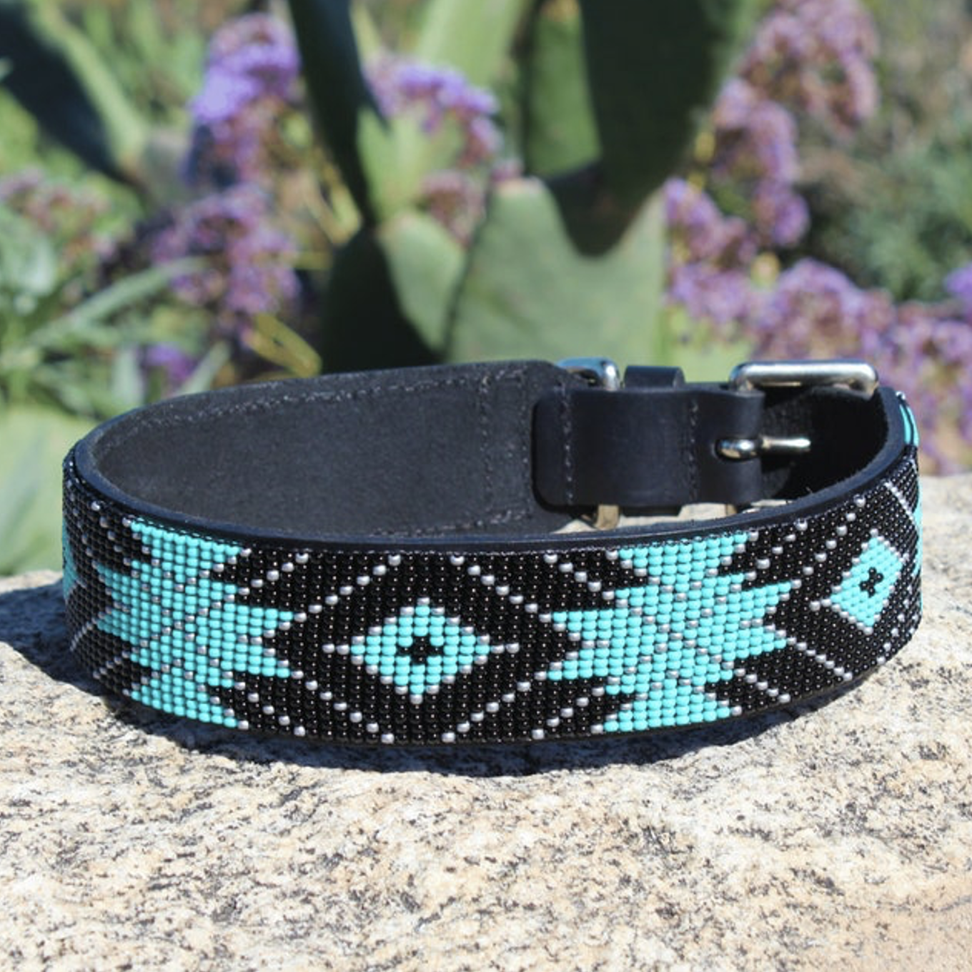 beaded leather dog collar turquoise