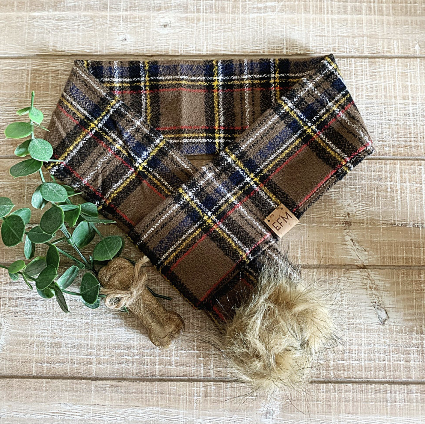 Plaid brown and Gold infinity Dog Scarf