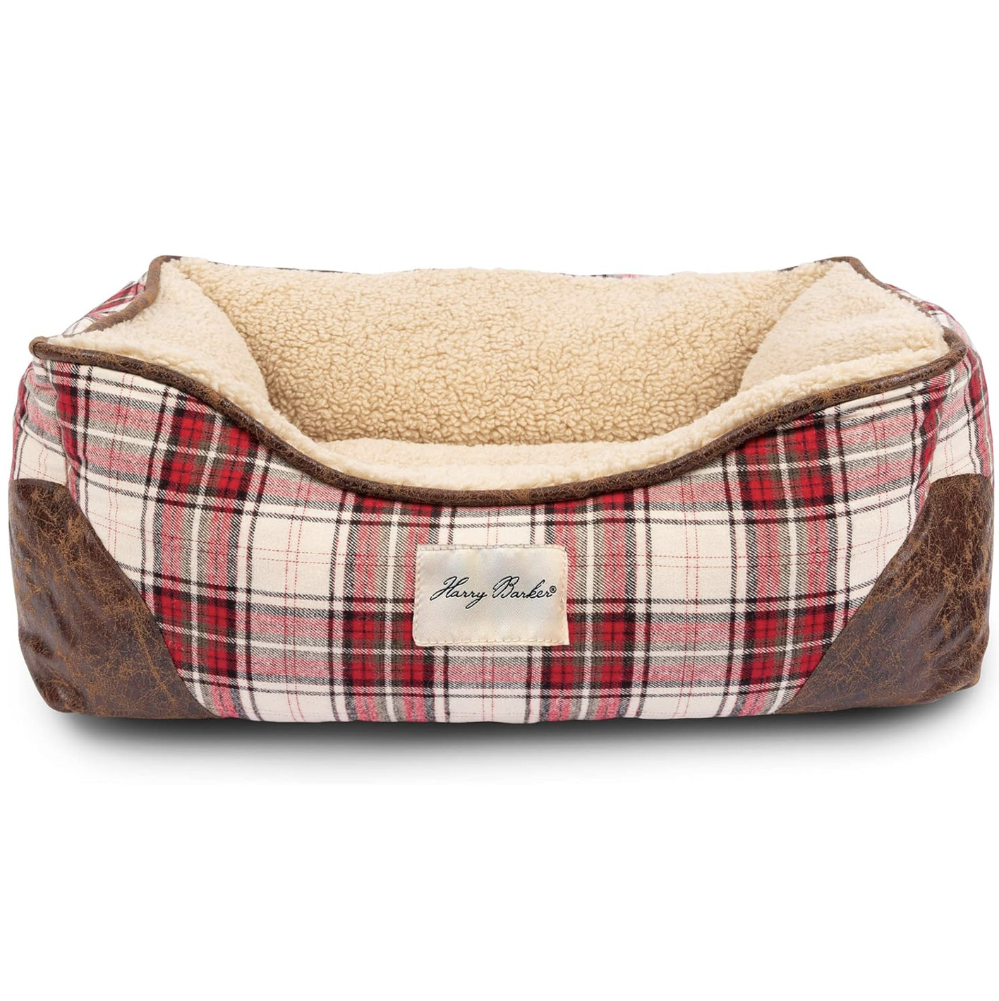 plaid and plush red dog bed with leather corners