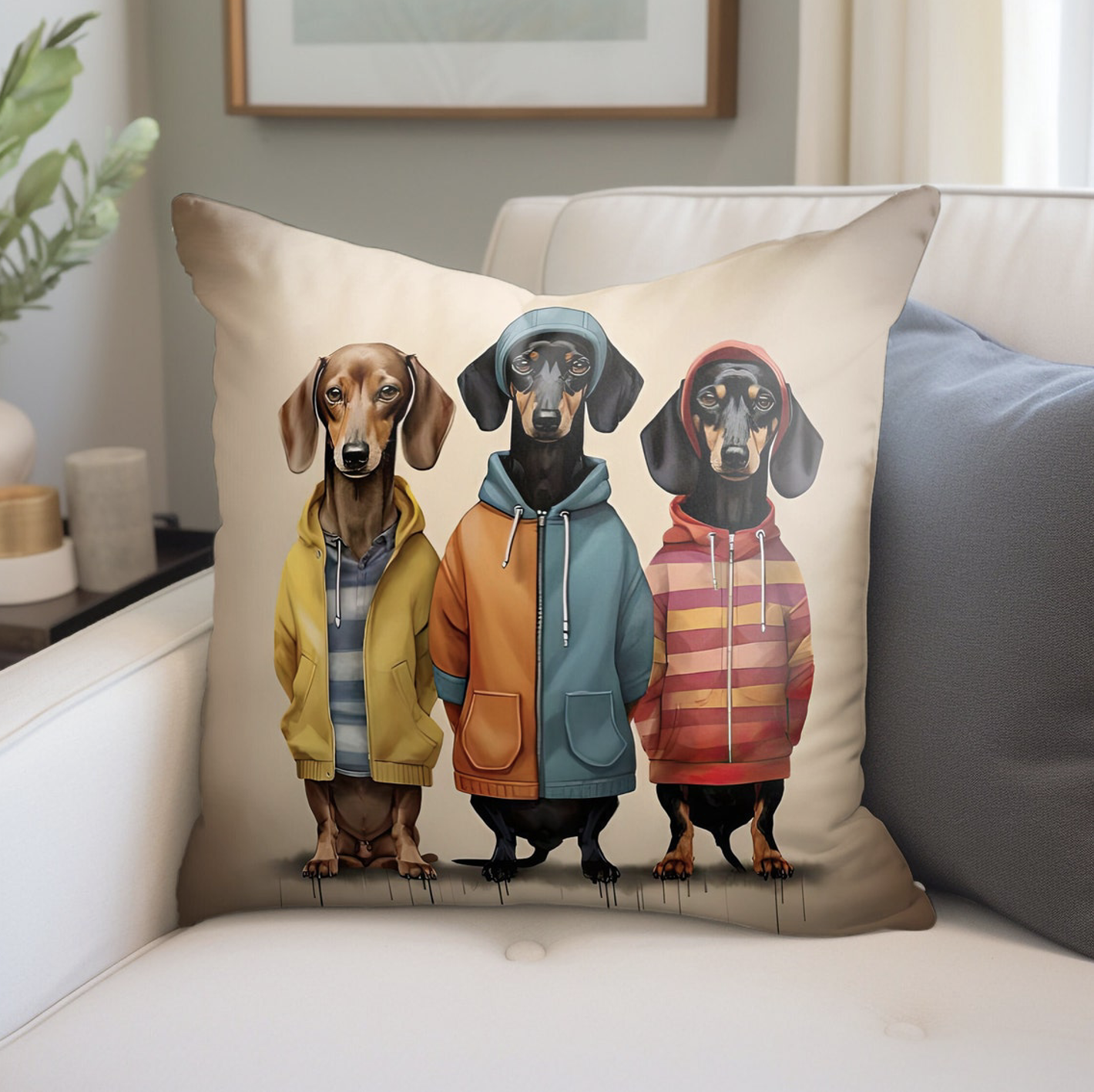 3 Dachshund in hoodies Dog Pillow