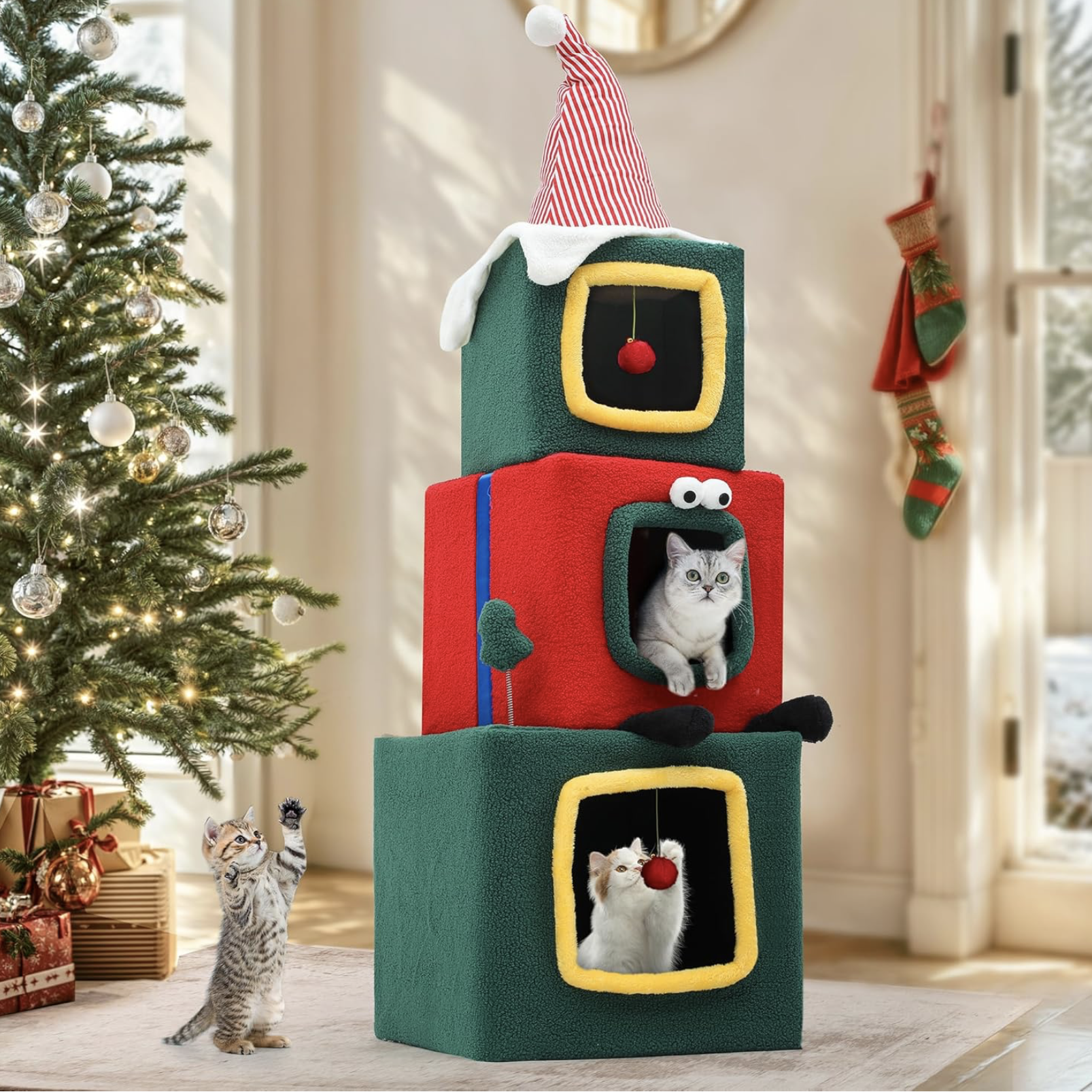 Santa's elves cat gift tower tree decor 