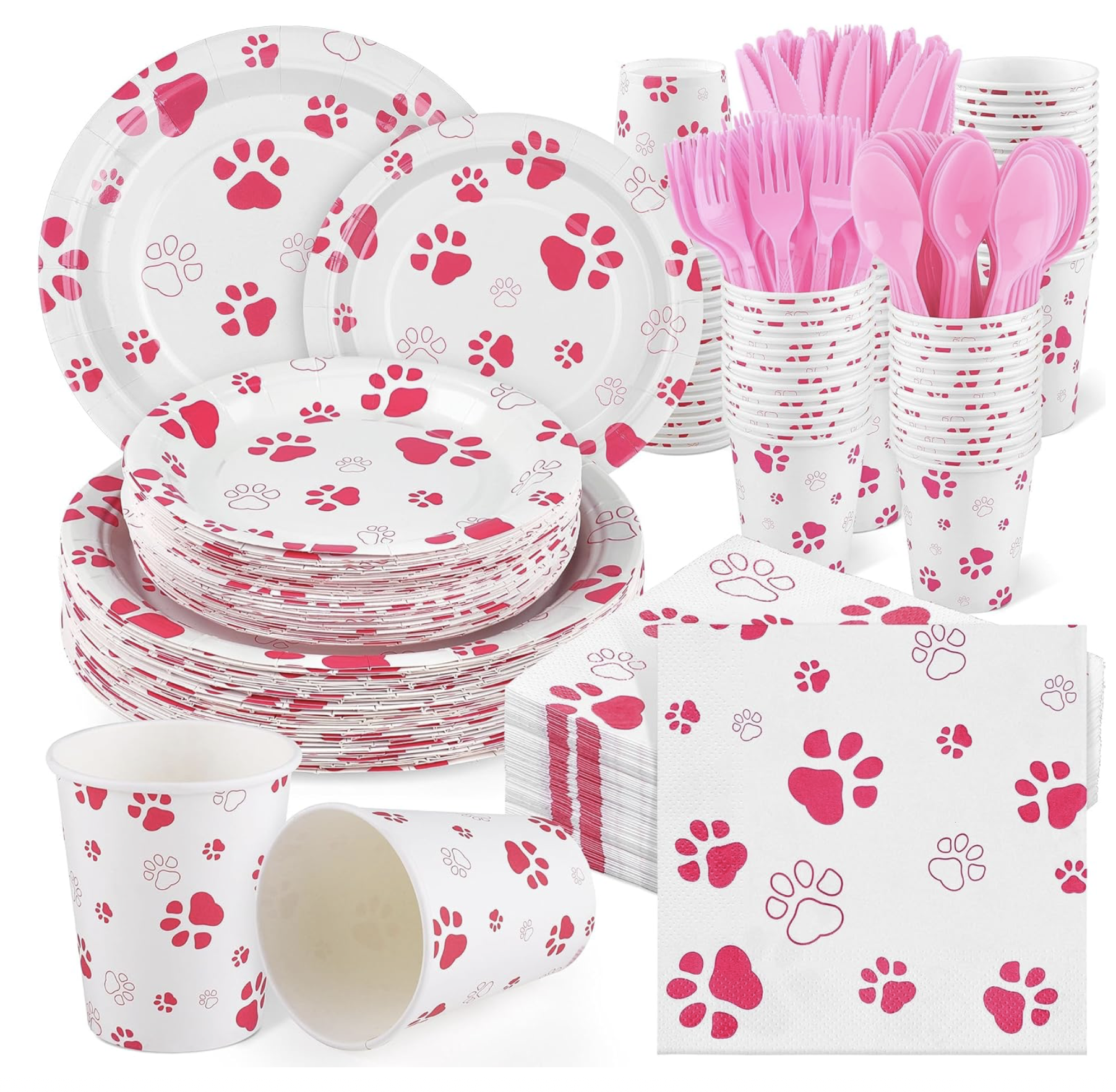 pink dog cat pet paw print plates napkins birthday baby shower party supplies 