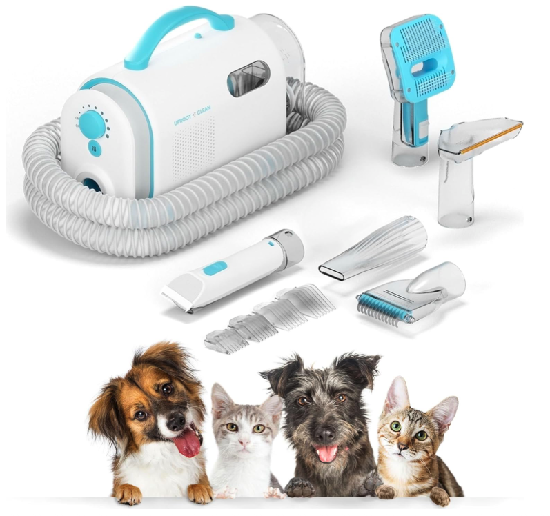 pet brushing system, fur detangling, deshedding, trimming, cleaning, drying, and vacuuming, silent pet groomer,  grooming vacuum cleaner