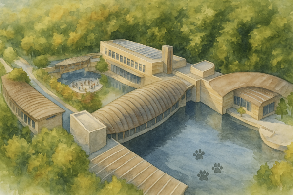 Watercolor illustration of Crystal Bridges Museum of American Art in Bentonville, Arkansas, with trails, art, and modern architecture visible