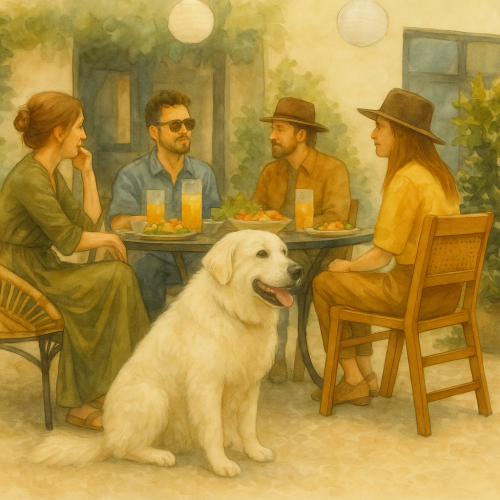Dog sitting with its owner at an outdoor patio table at a pet-friendly restaurant in Northwest Arkansas