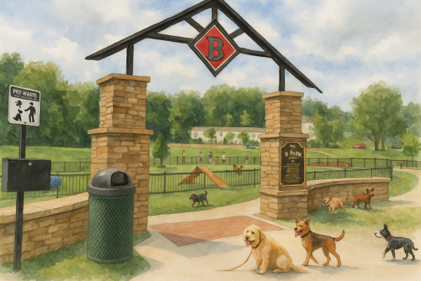 Dogs playing at an off-leash dog park in Northwest Arkansas with people socializing nearby and pet waste stations visible