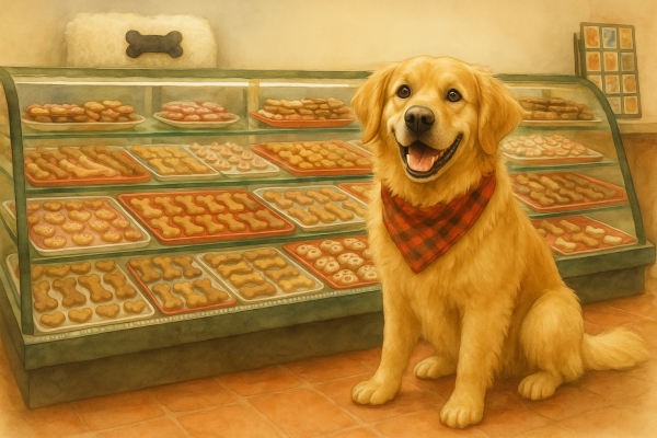 A dog standing at the counter of a pet bakery in Bentonville, Arkansas, with baked dog treats and dog goodies on display