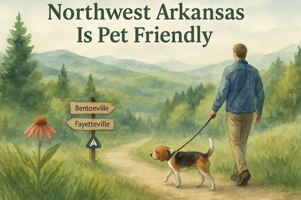A man walking his dog on a scenic pet-friendly trail in Northwest Arkansas with a wooden sign pointing toward Fayetteville and Bentonville
