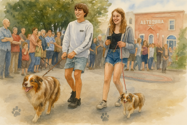 Children walking their dogs through the Bentonville Farmers Market in Northwest Arkansas on a sunny day