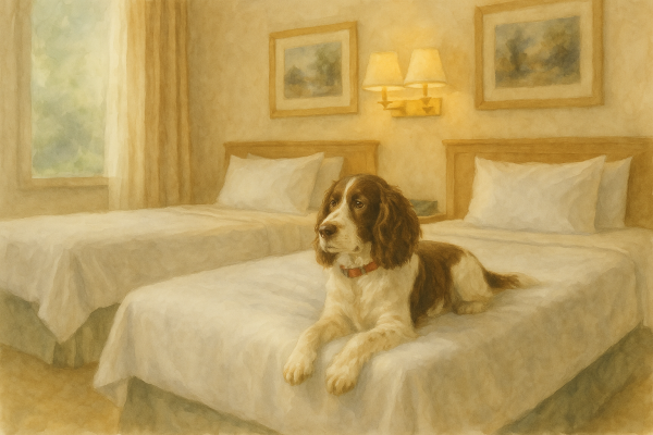 A dog sitting on a neatly made bed in a pet-friendly hotel room in Northwest Arkansas