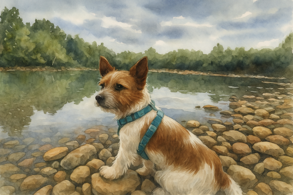 Dog sitting by Buffalo River Arkansas on the rocks